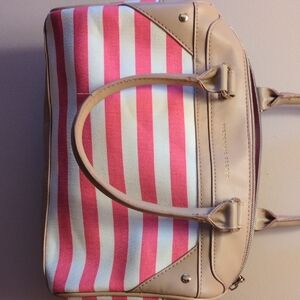Victoria's Secret Pink & Cream Striped Satchel (Travel Bag)with Tan Trim,  10x8"